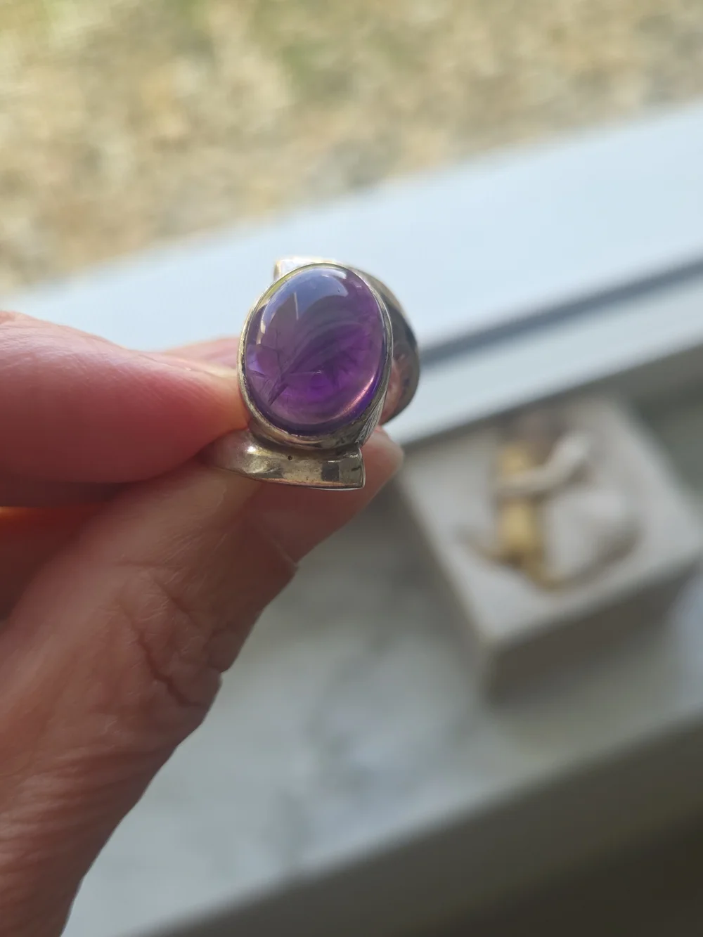 Vintage 925 Sterling Silver Amethyst Cabochon Ring - Purple(4.5)